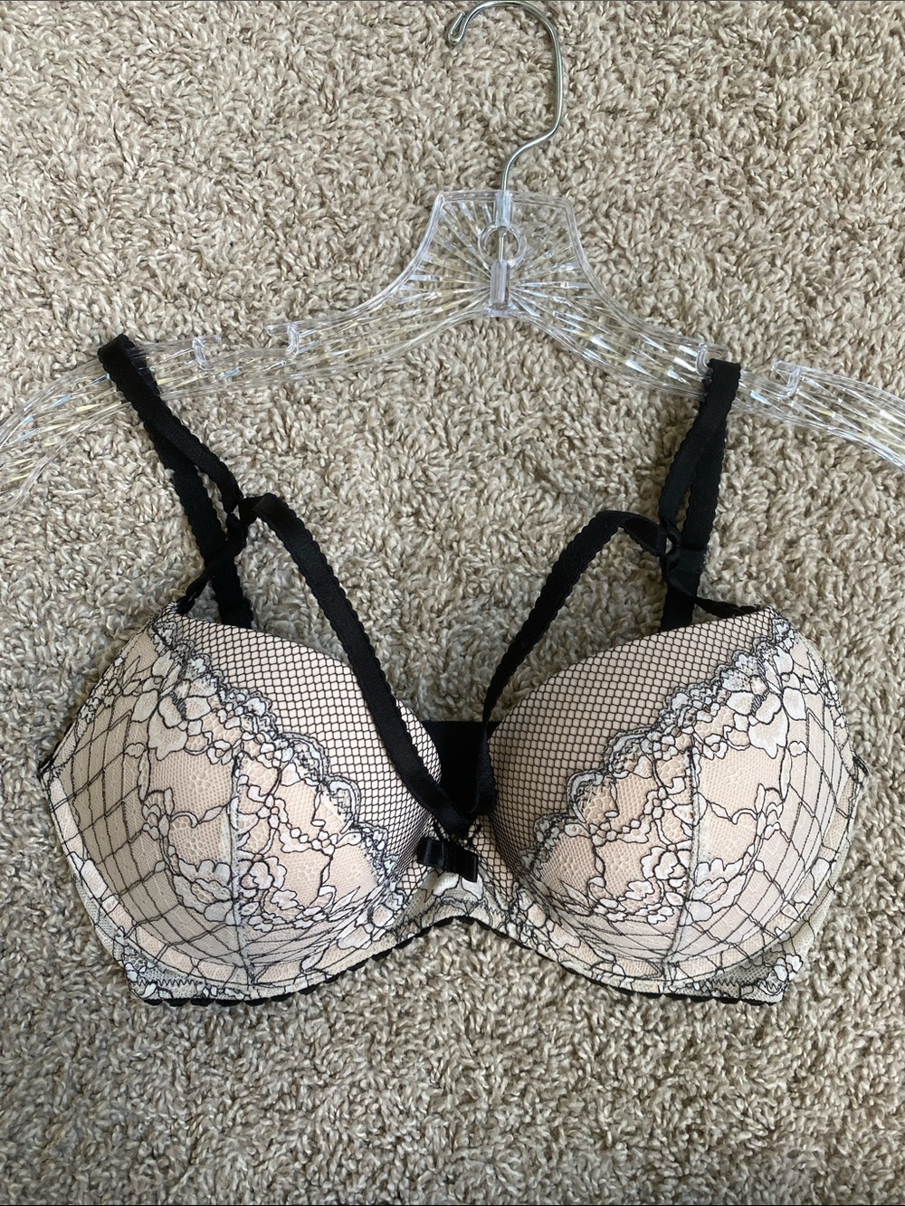 Lace Overlay Push-Up Bra with Black Cross Trim